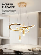 Lustre LED doré à rubans entrelacés et deux cônes, trois teintes