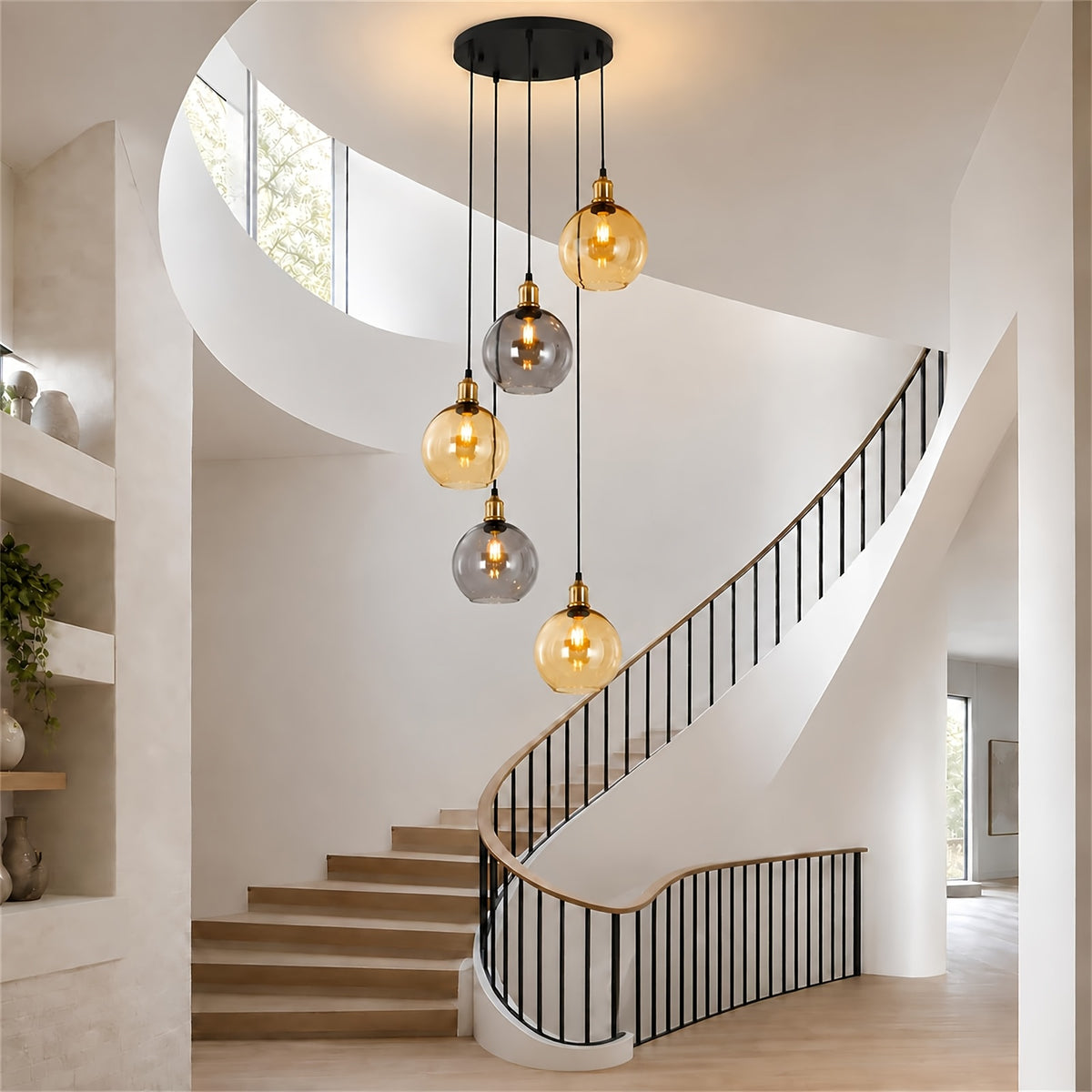 Suspension cascade 5 globes en verre ambré et fumé, hauteur 156 cm
