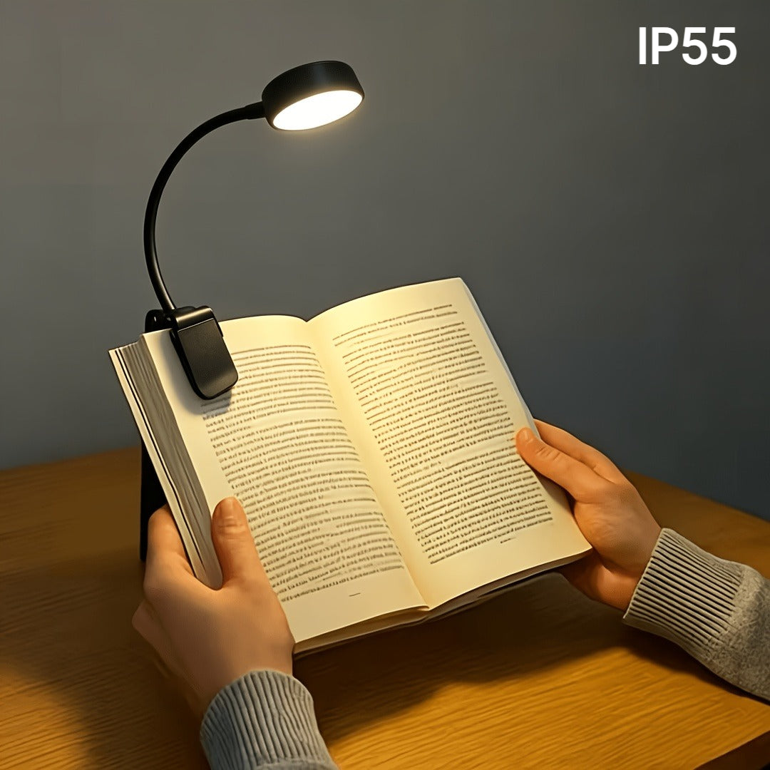 Lampe de lecture à pince noire à piles, tête ronde, col 360°