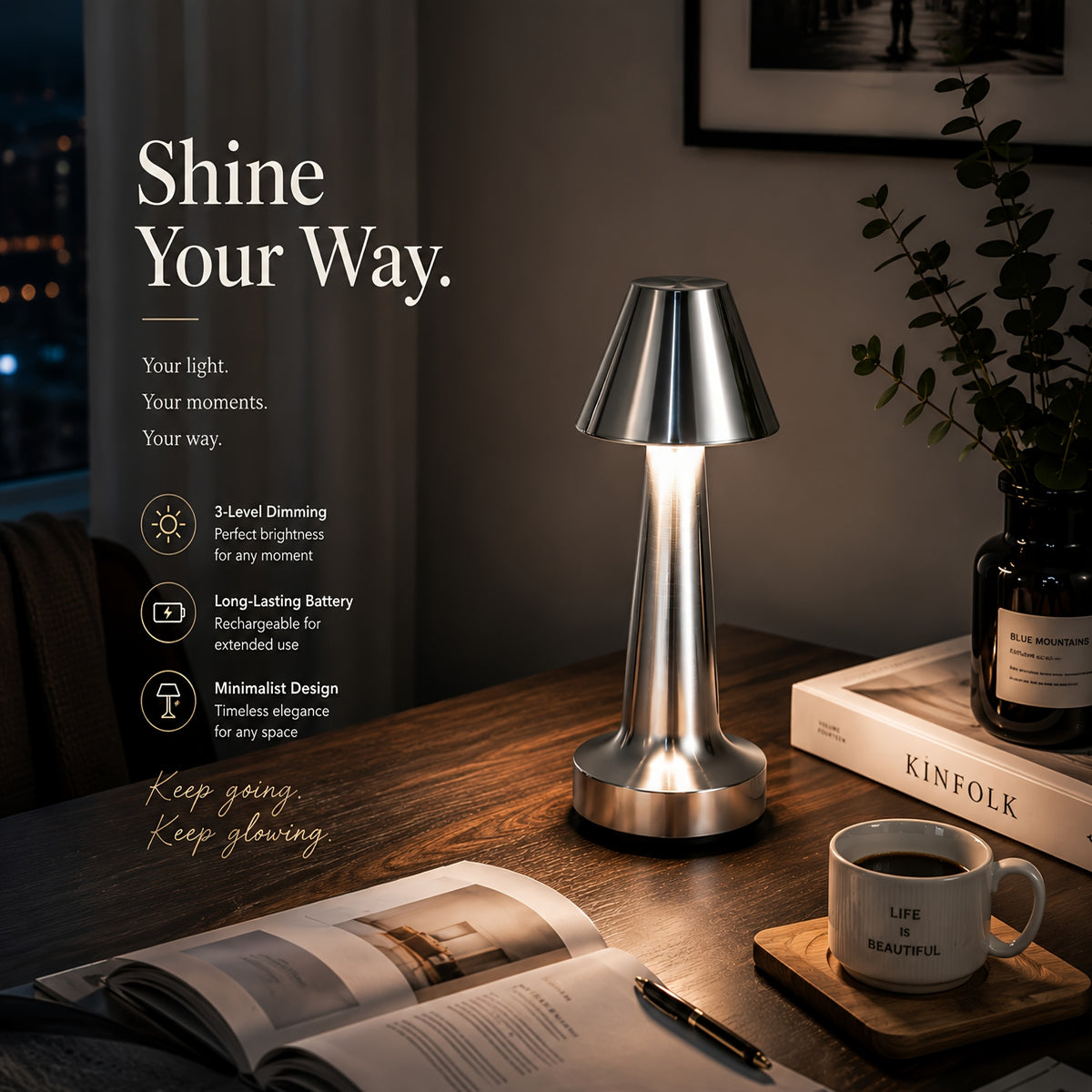 Petite lampe sans fil à chapeau conique en métal doré, 20,5 cm
