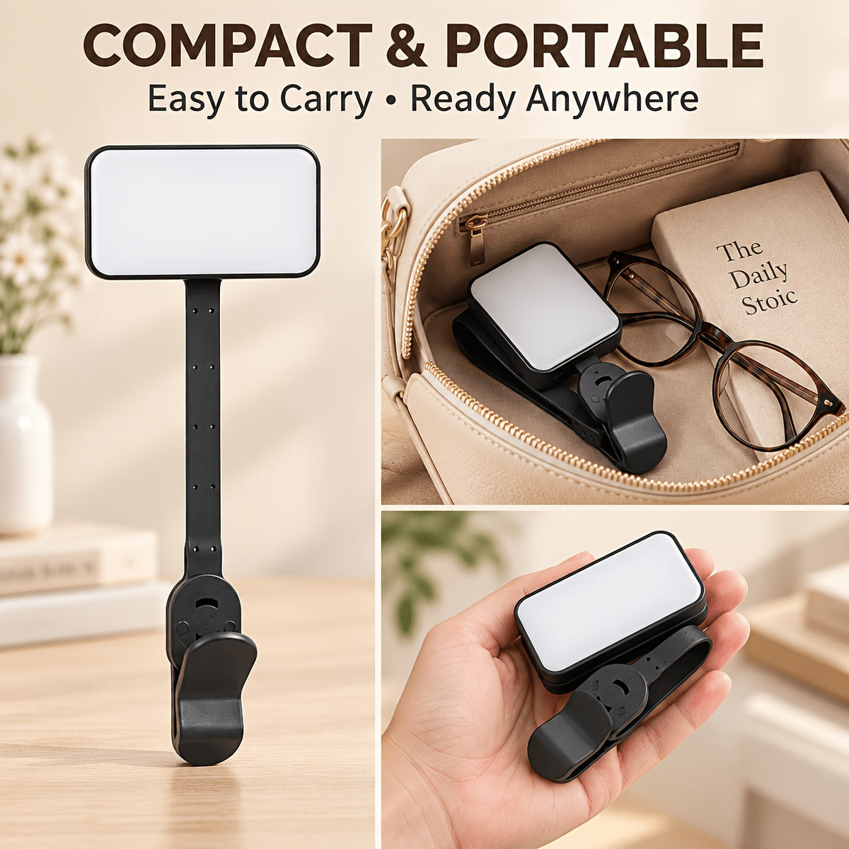 Lampe de lecture à pince noire modulable, tête amovible et bras