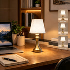 Lampe de chevet USB à pied balustre doré et abat-jour en tissu