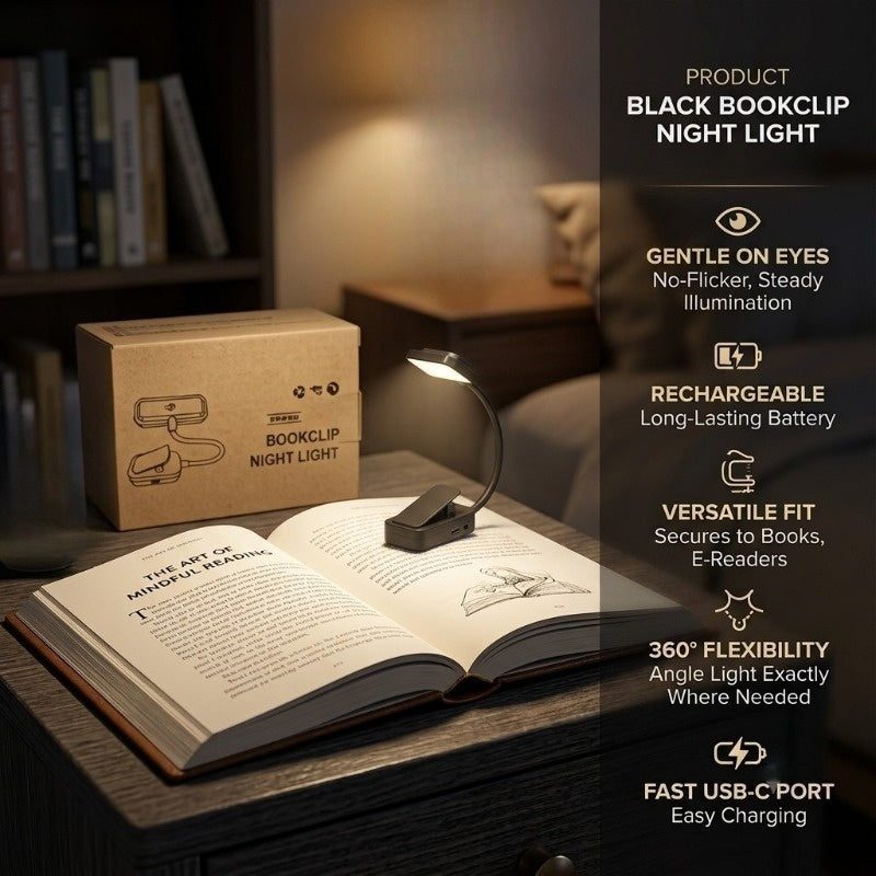Lampe de lecture à pince noire rechargeable, tête plate, col 14,5 cm