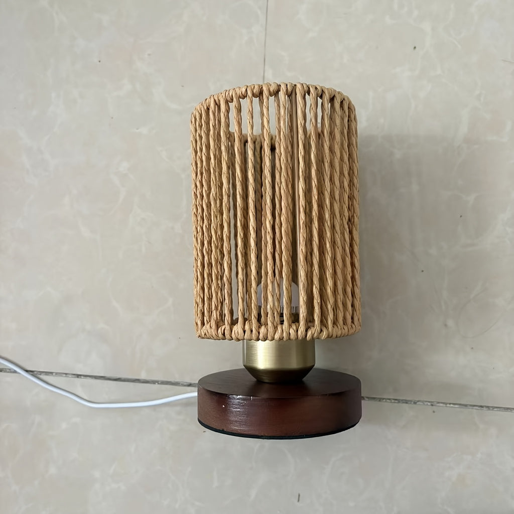 Lampe de chevet cylindre de corde, variateur USB et socle teinte noyer