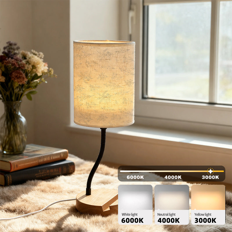 Lampe de chevet col flexible, abat-jour imprimé de brins fleuris gris