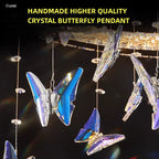 Lustre LED à deux anneaux de cristal et papillons suspendus, chromé