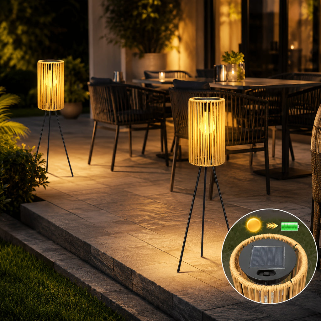 Lampadaire solaire trépied 78 cm, lanterne tressée effet rotin