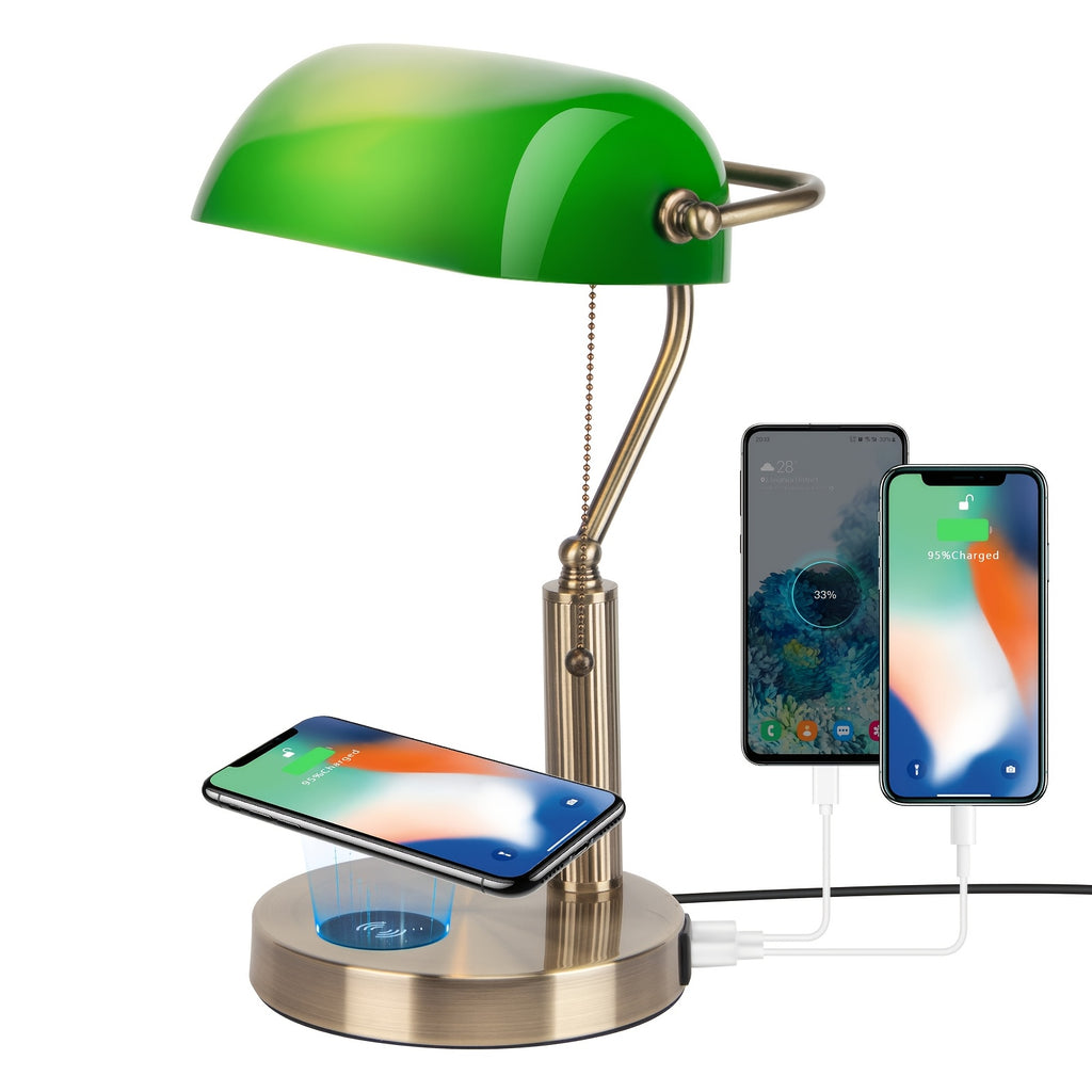 Lampe de banquier en verre vert, recharge sans fil et ports USB