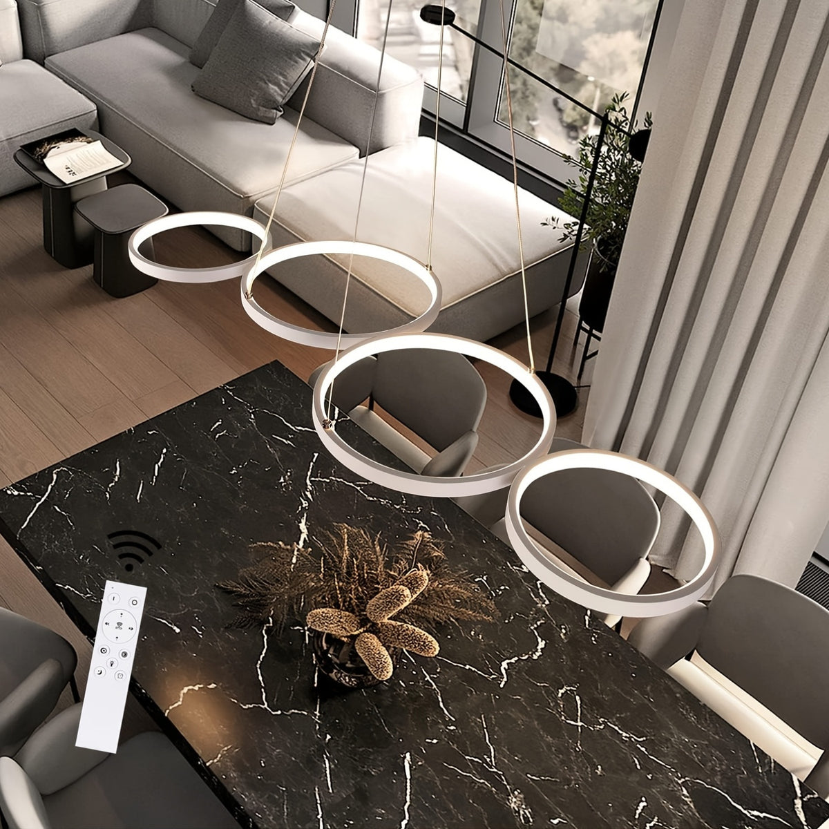 Plafonnier LED 4 anneaux noir ou blanc, 88 ou 100 cm, ou suspendu