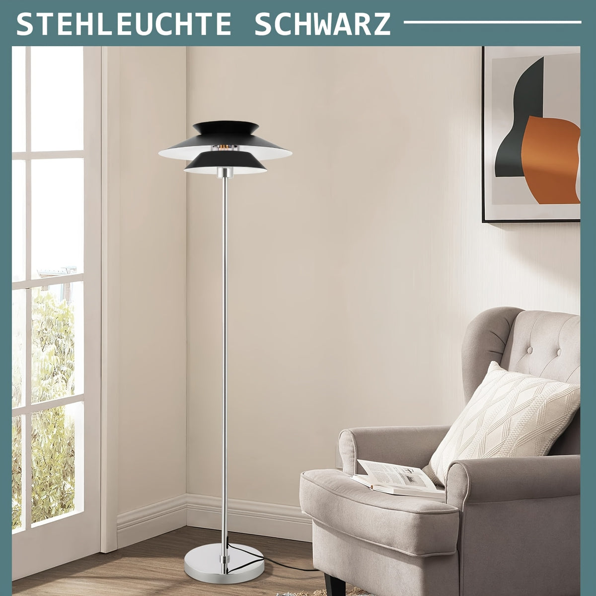 Lampadaire à double coupole noire et tige chromée, 145 cm