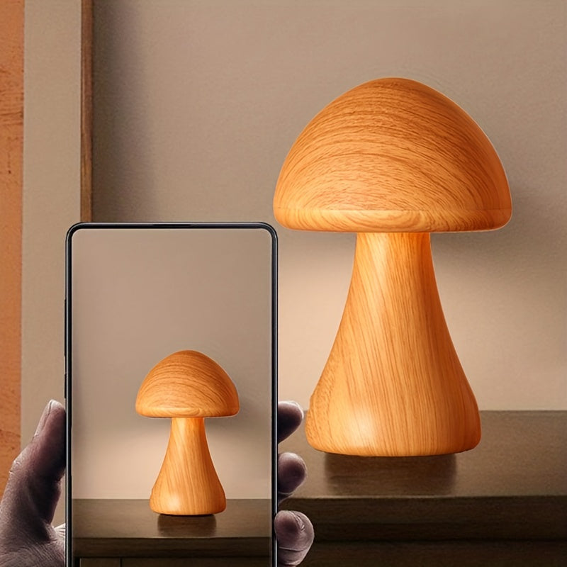 Lampe champignon effet bois, veilleuse tactile rechargeable 17 cm