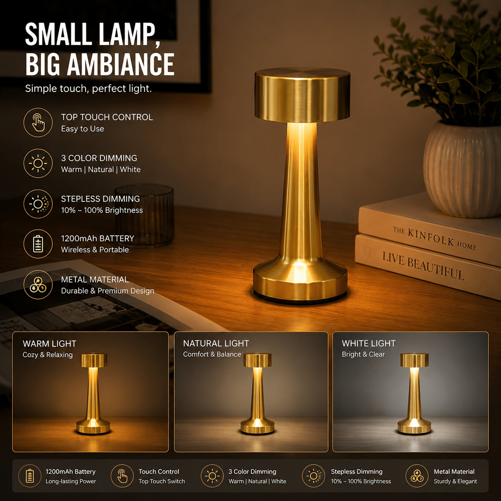 Lampe de bureau sans fil compacte en métal, tête Ø 9 cm tactile