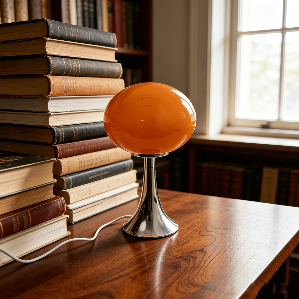 Lampe champignon en verre ovale sur pied chromé, USB, 3 teintes