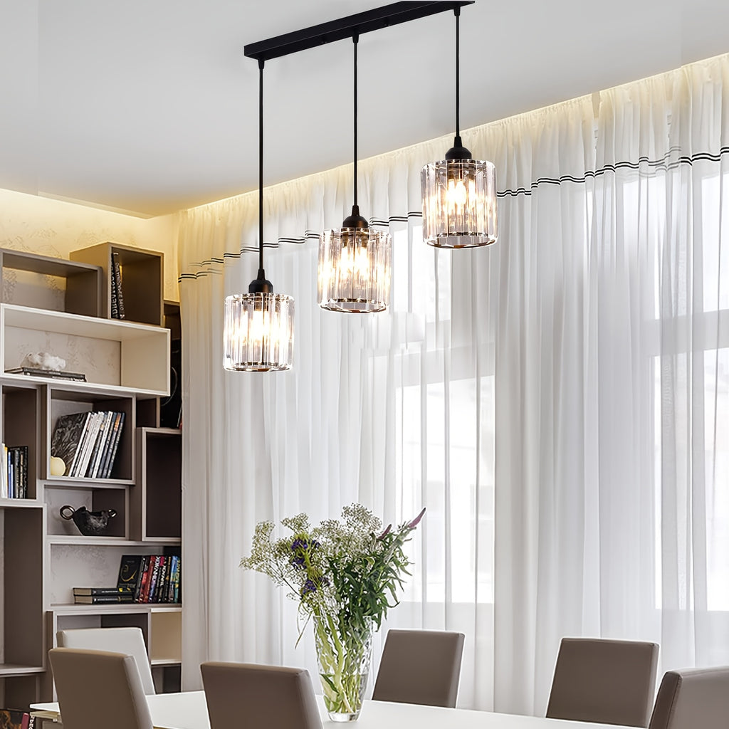Suspension 3 cylindres en verre taillé sur barre noire de 50 cm