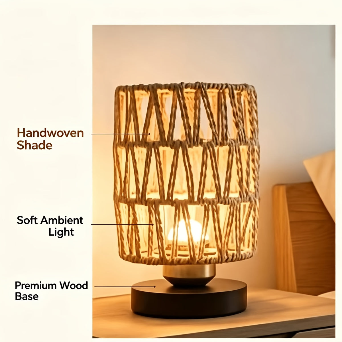 Lampe de chevet en corde naturelle tressée, socle noir, 19,5 cm