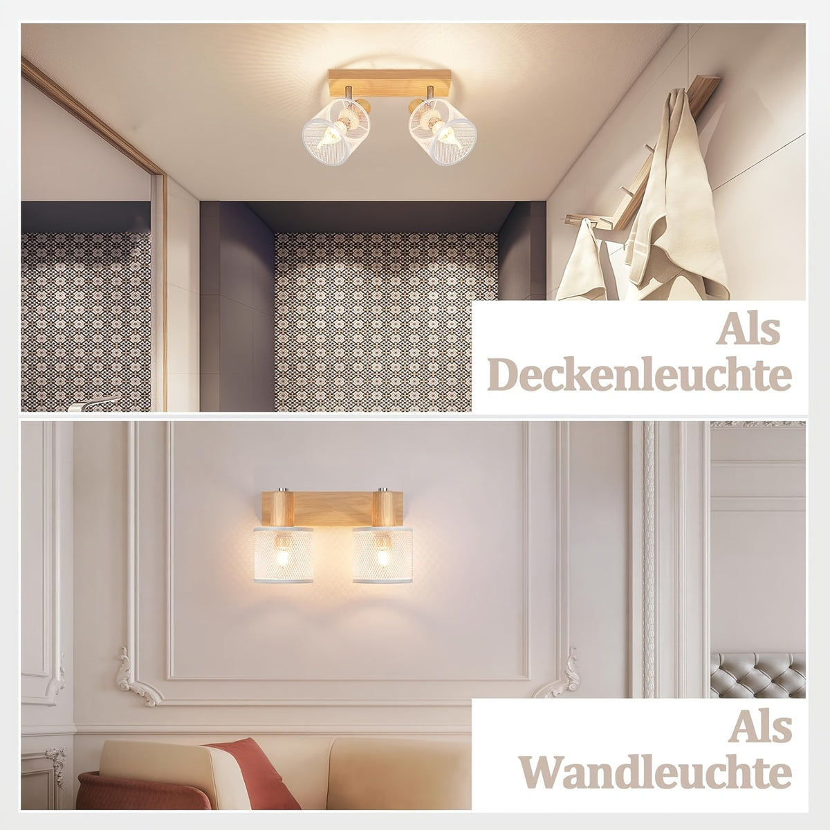 Plafonnier barre effet bois à 3 ou 4 spots grillagés blancs, E14