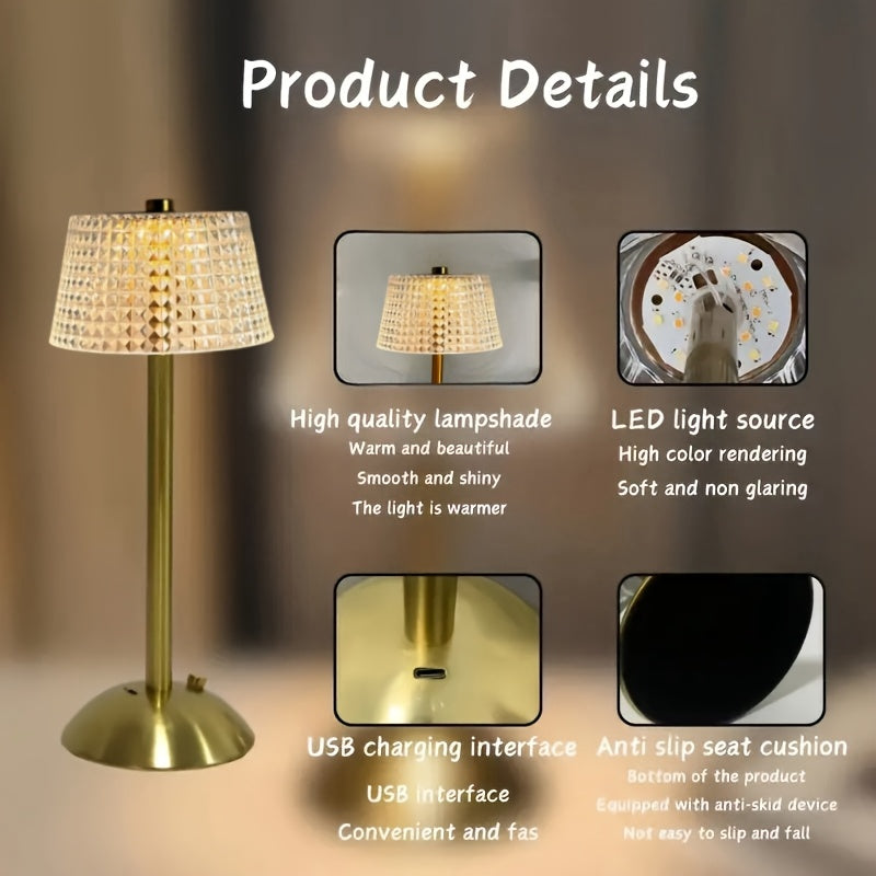 Lampe de chevet sans fil dorée, abat-jour taillé en pointes de diamant