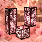 Lot de 3 photophores carrés noirs à découpes fleurs et papillons
