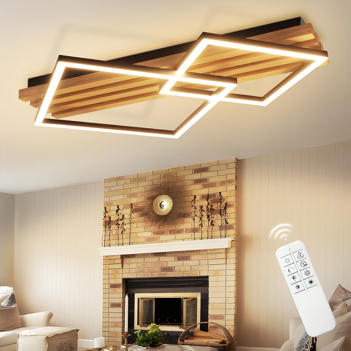 Plafonnier LED bois et cadres noirs, 2 ou 3 cadres, télécommande