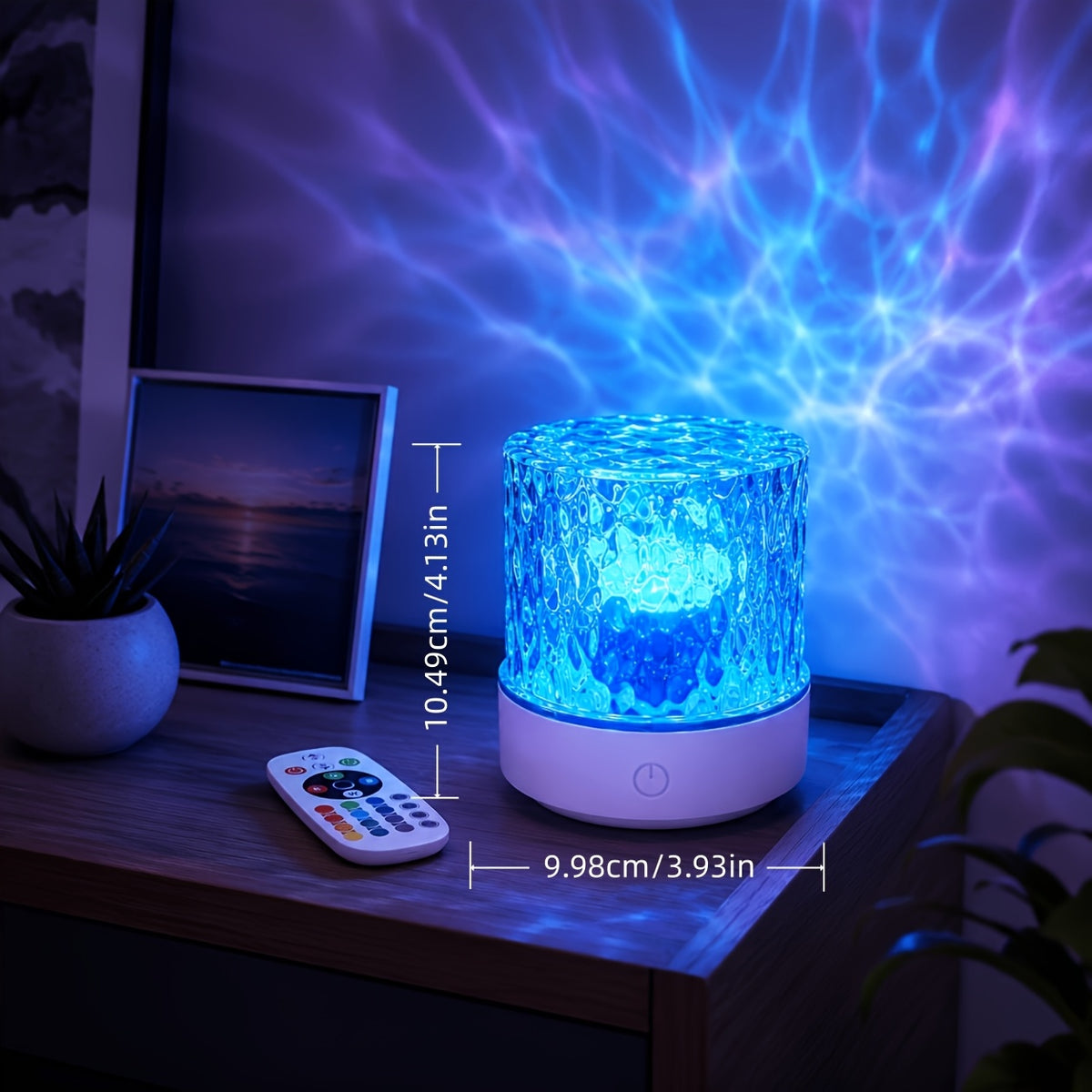 Lampe d'ambiance à reflets d'eau, cylindre ciselé et télécommande