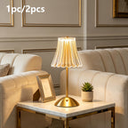 Lampe de chevet sans fil dorée, abat-jour cannelé transparent