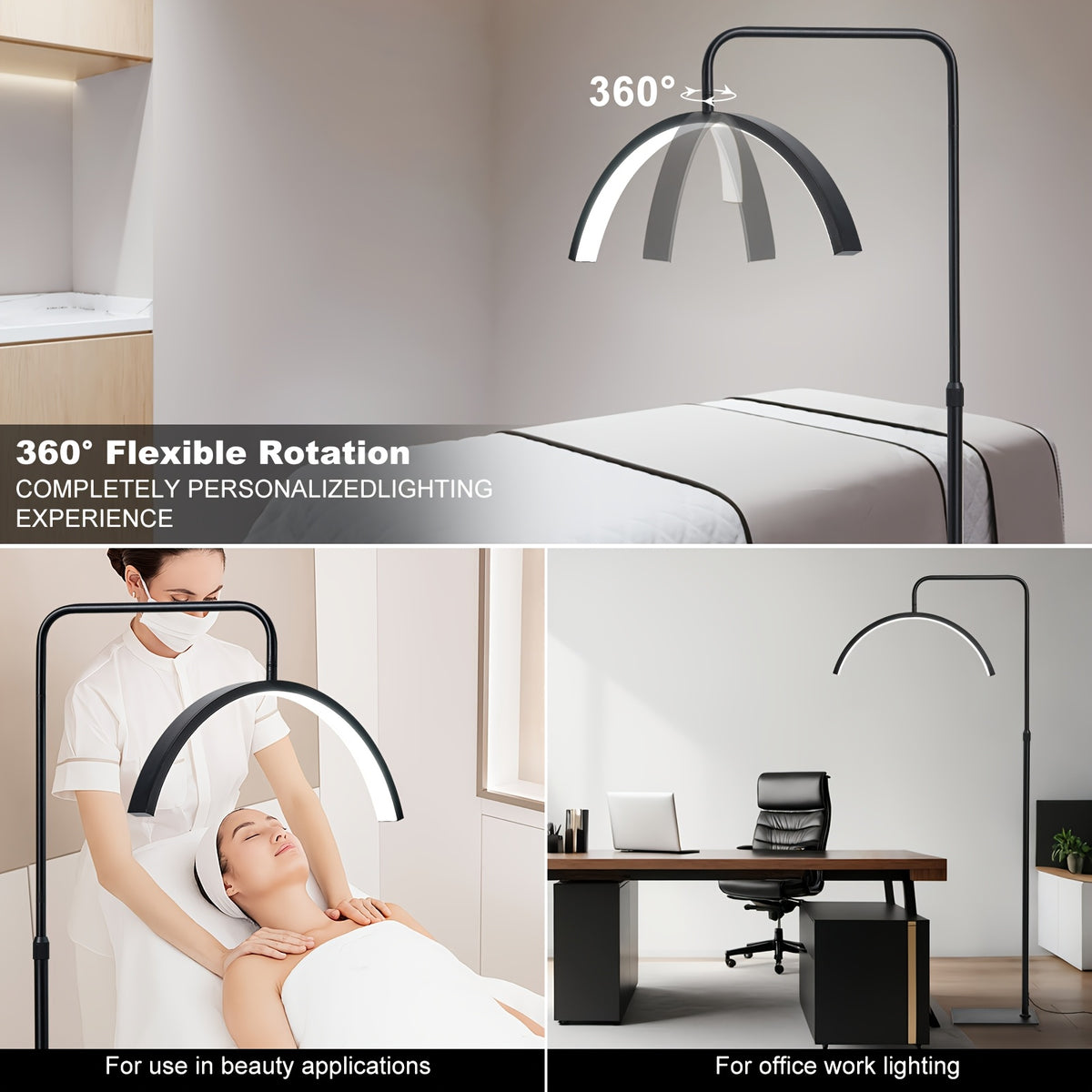 Lampadaire LED demi-lune pivotant, 3 teintes, blanc ou noir