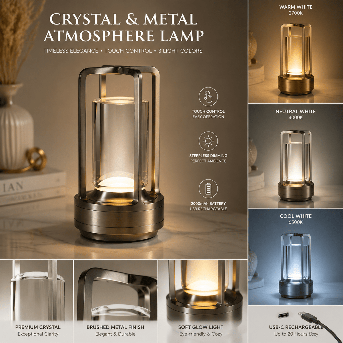 Lampe de table sans fil façon lanterne, cylindre cristal et métal