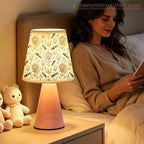 Lampe de chevet rose à motif protea, plumes et feuillage, USB