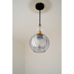 Suspension globe côtelé et perle de verre, rose, bleu, gris ou ambre