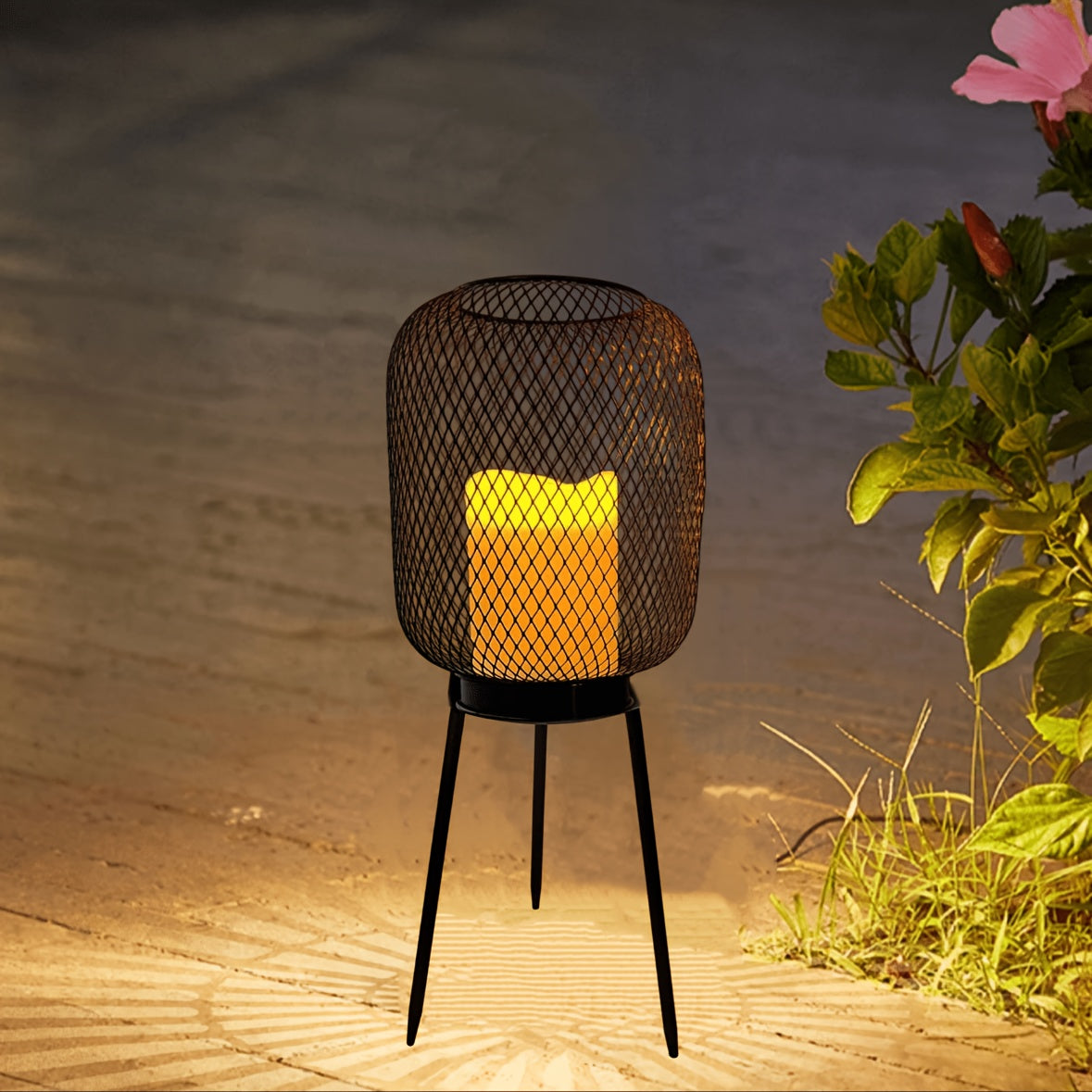 Lanterne solaire grillagée sur trépied, effet bougie, 40 cm