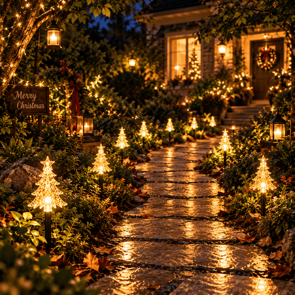 Guirlande de 10 sapins lumineux à piquer, lumière verte, à piles