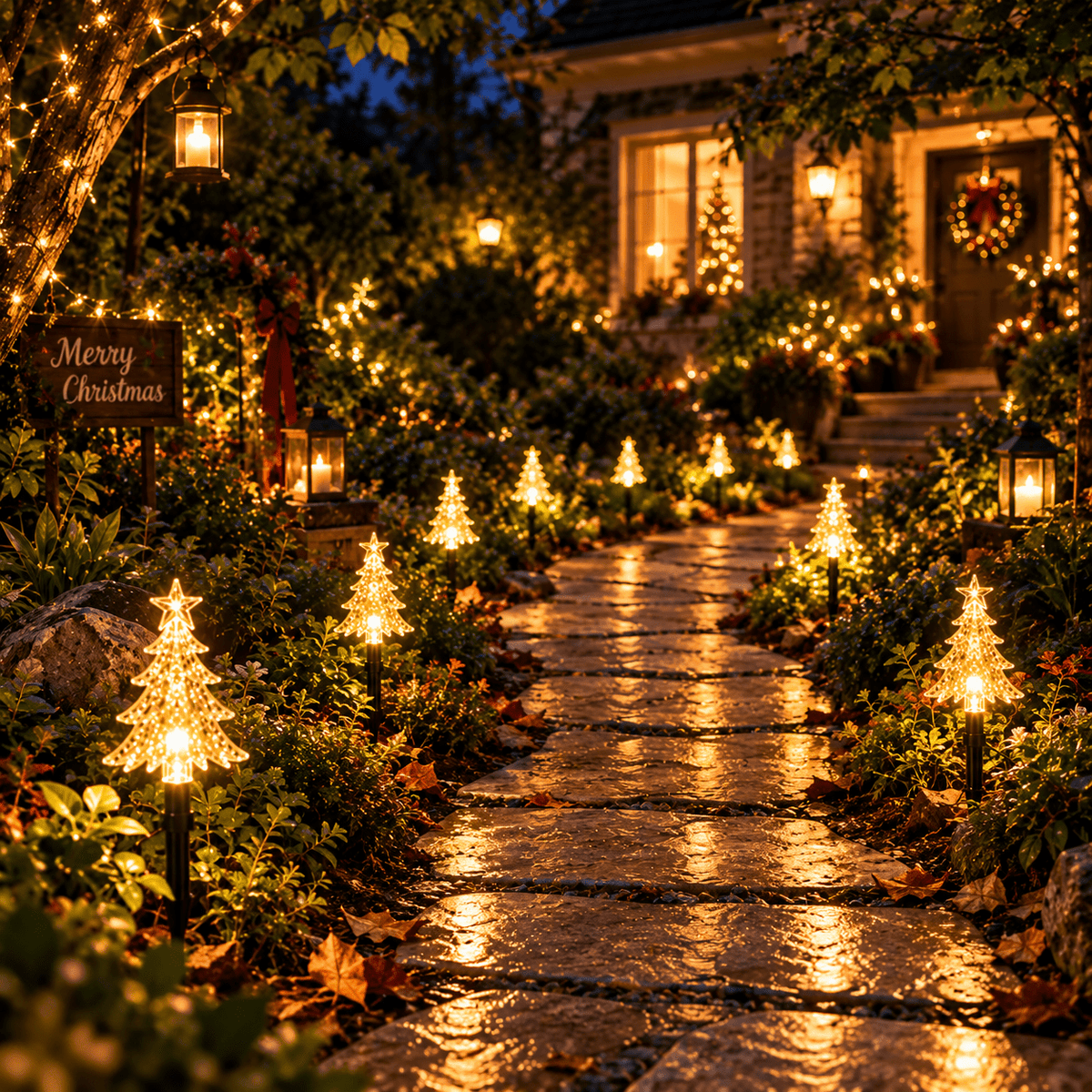 Guirlande de 10 sapins lumineux à piquer, lumière verte, à piles