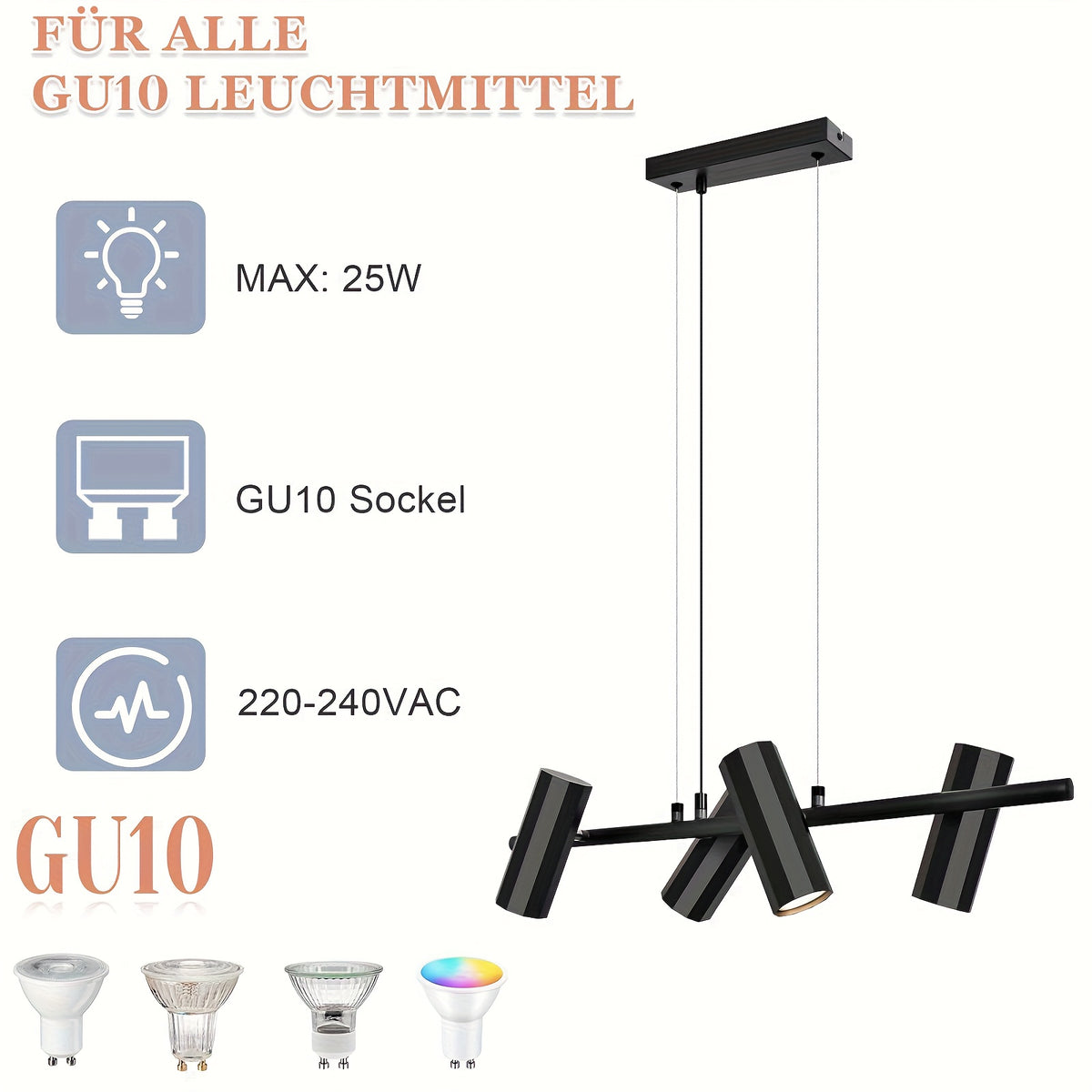 Suspension 4 spots orientables GU10 en métal noir, barre 66 cm