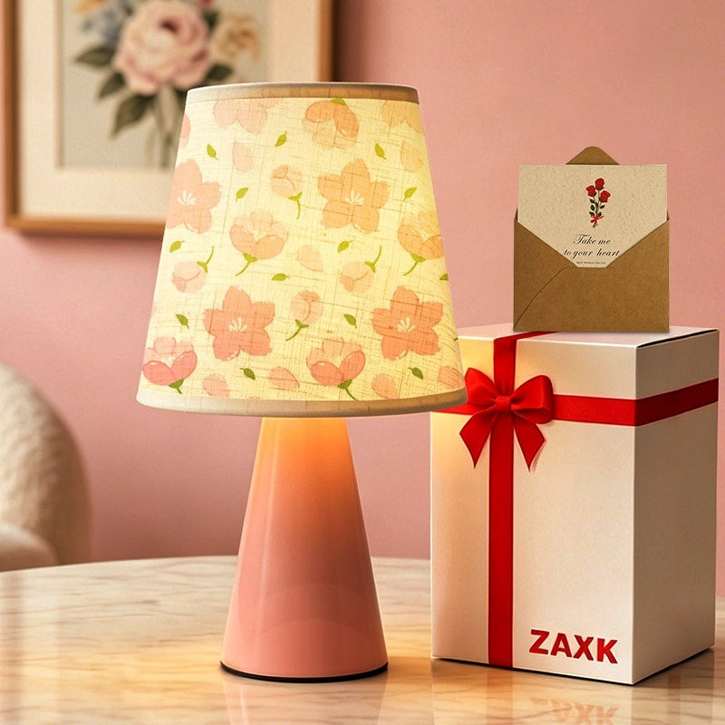 Lampe de chevet rose à fleurs de cerisier, abat-jour en lin, USB