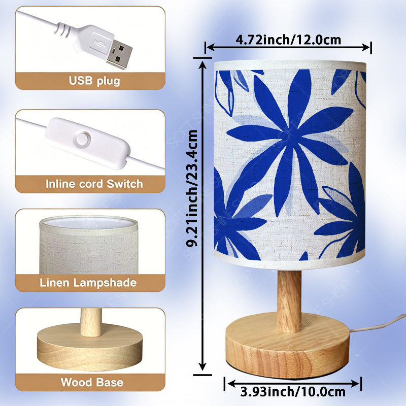 Lampe de chevet en bois, abat-jour cylindre à fleurs bleues