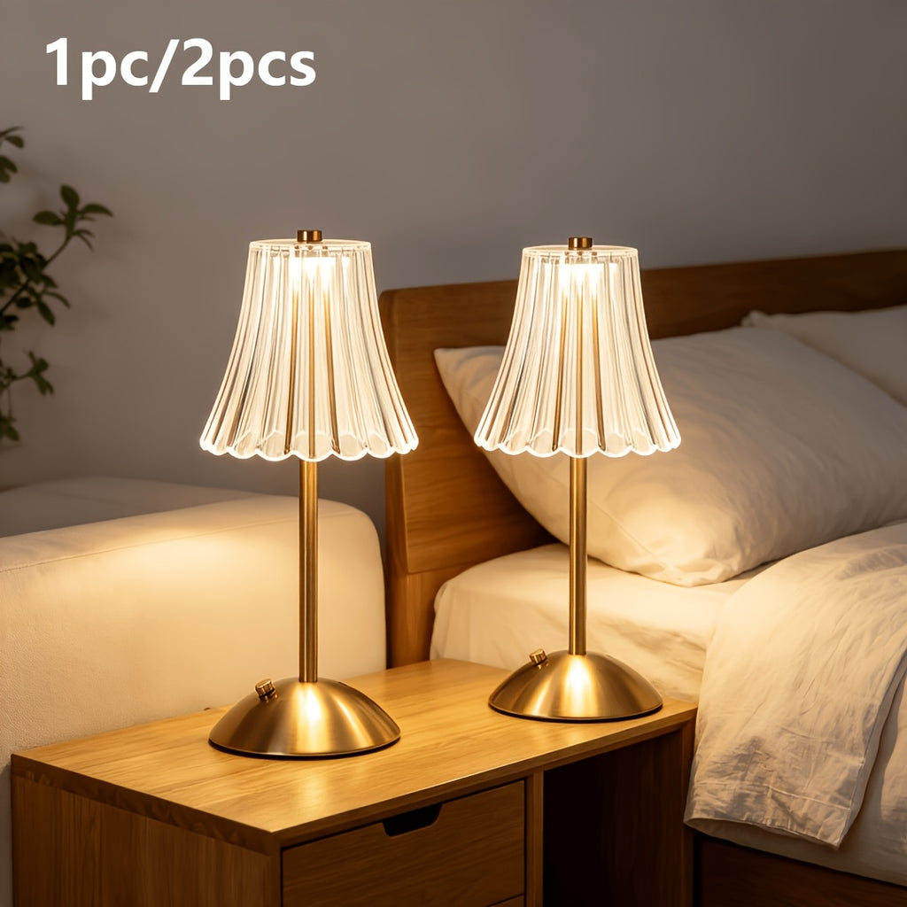 Lampe de chevet sans fil dorée, abat-jour cannelé transparent