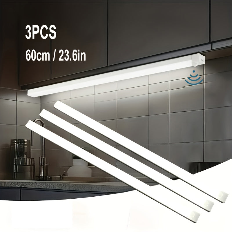 Lot de 3 réglettes LED à détecteur, 25, 35 ou 60 cm, trois fixations