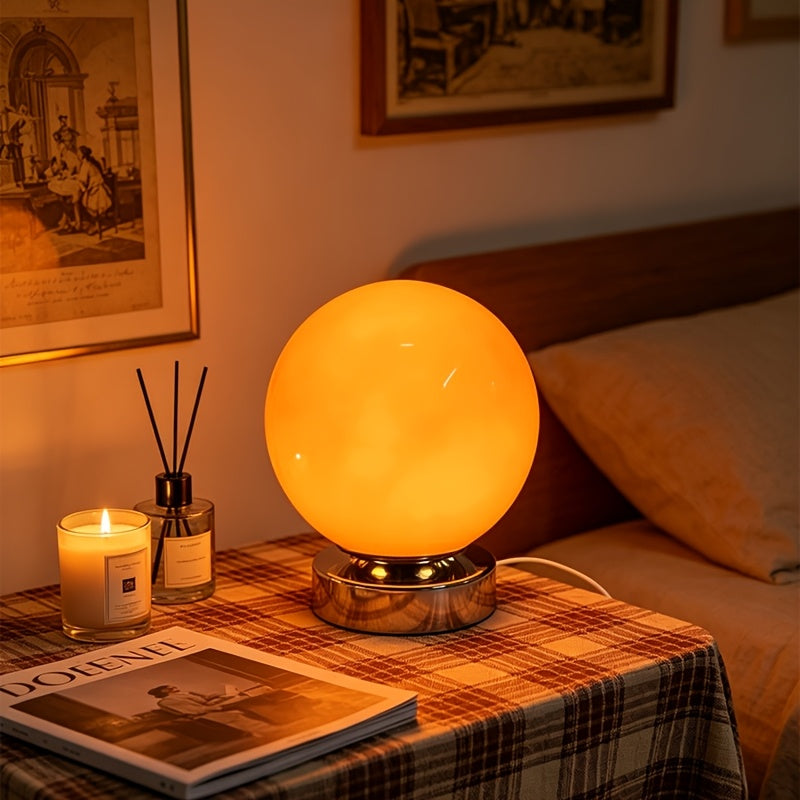 Lampe boule en verre rose sur socle chromé, USB et variateur