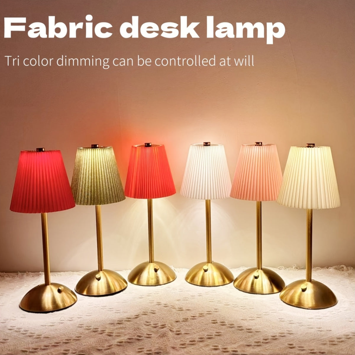Lampe de table sans fil plissée sur dôme doré, tactile, 6 coloris