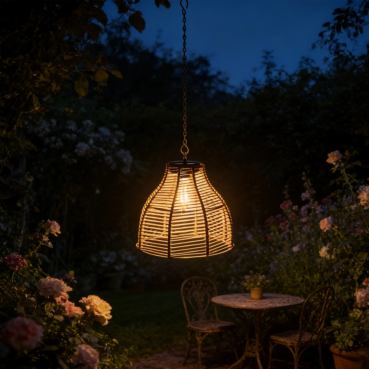 Suspension solaire cloche effet rotin tressé, ampoule filament