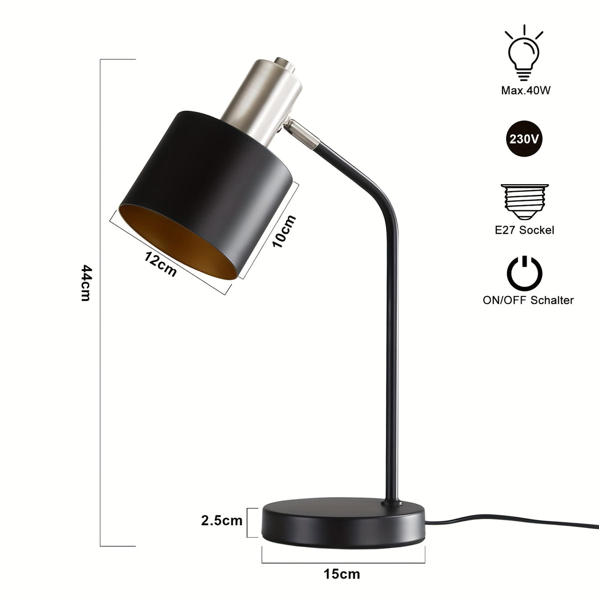 Lampe de chevet noire en métal à tête orientable, douille E27