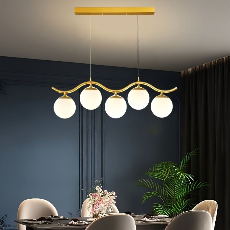 Suspension 5 globes sur barre ondulée, noire, dorée ou blanche