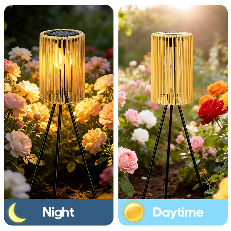 Lampadaire solaire trépied 78 cm, lanterne tressée effet rotin