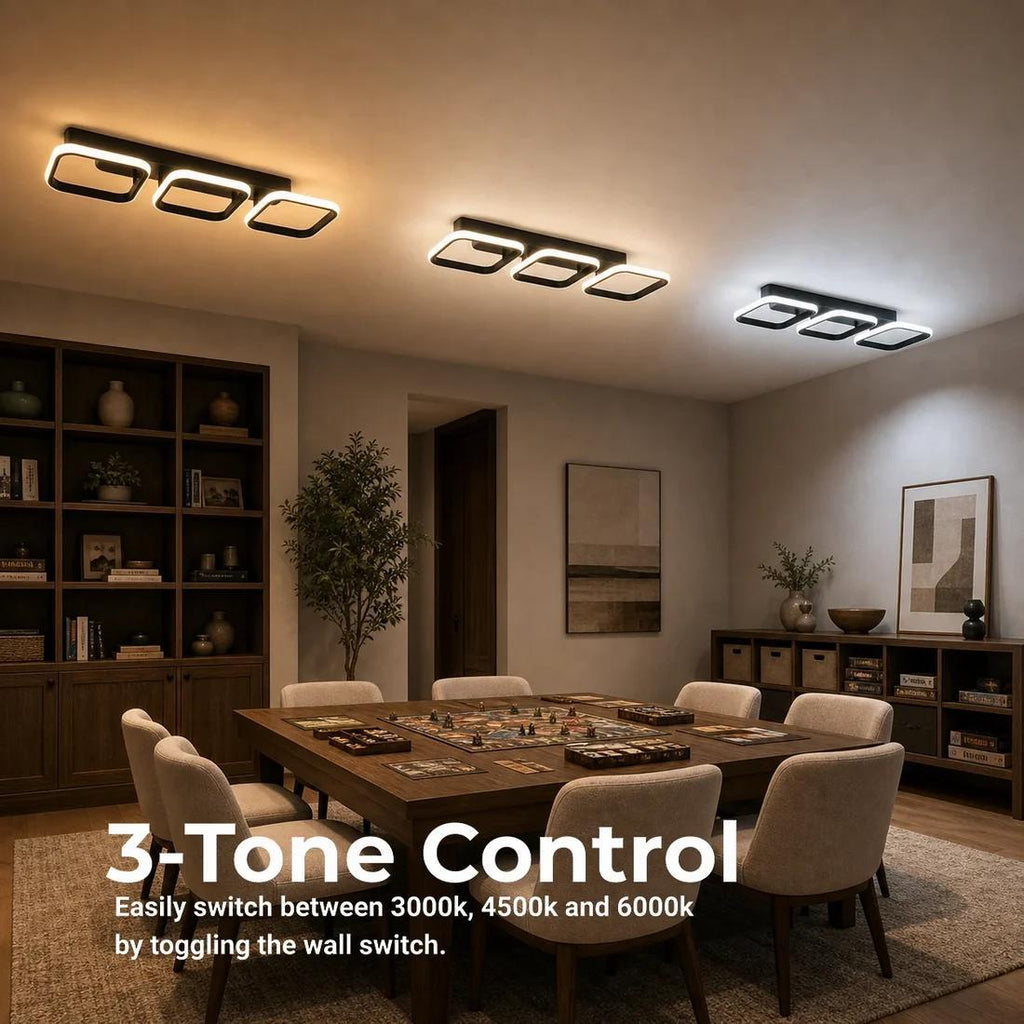 Plafonnier LED à trois carrés lumineux noirs, 53 cm, trois teintes