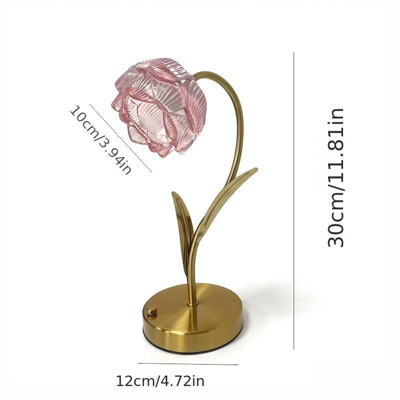 Lampe de chevet fleur en verre sur tige dorée, sans fil et tactile