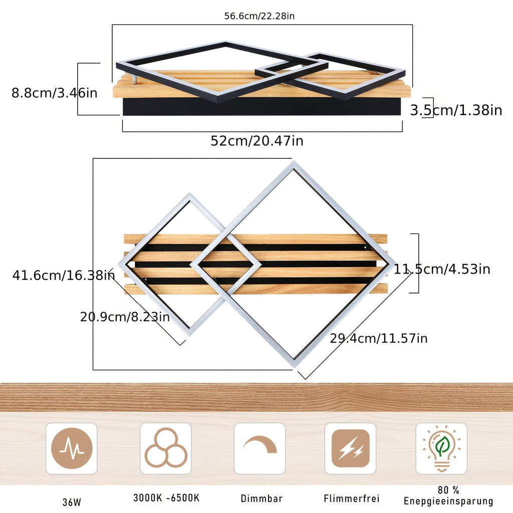 Plafonnier LED bois et cadres noirs, 2 ou 3 cadres, télécommande