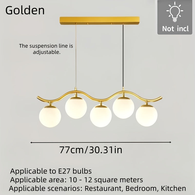 Suspension 5 globes sur barre ondulée, noire, dorée ou blanche