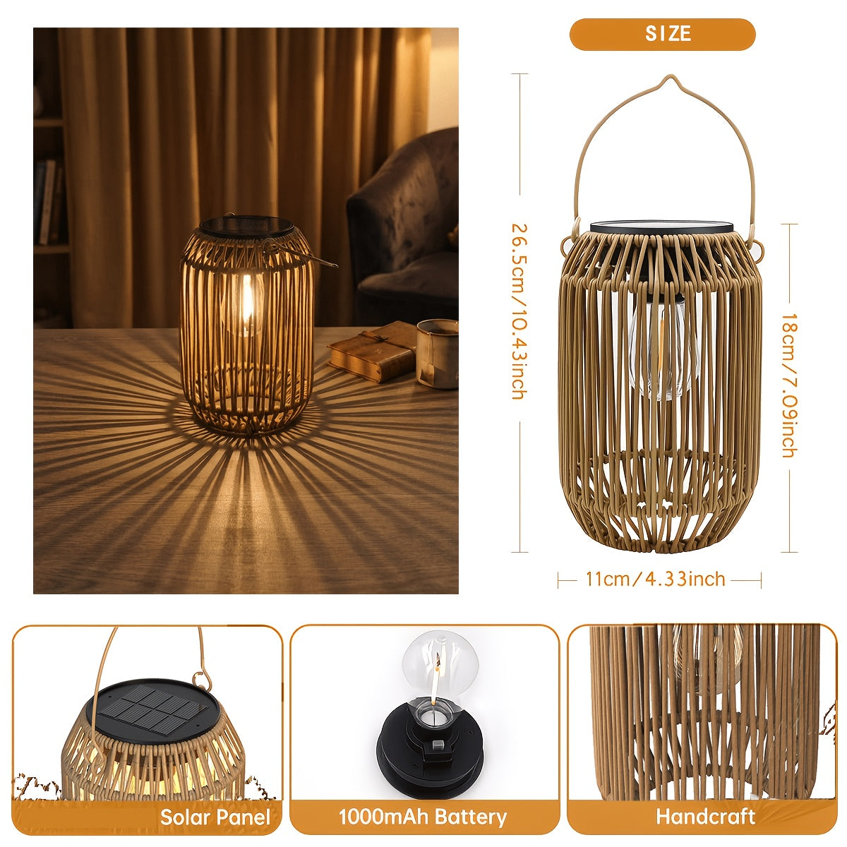Lanterne solaire tonneau effet rotin à ampoule filament, IP65
