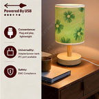 Petite lampe de chevet USB à marguerites vertes, abat-jour tissu