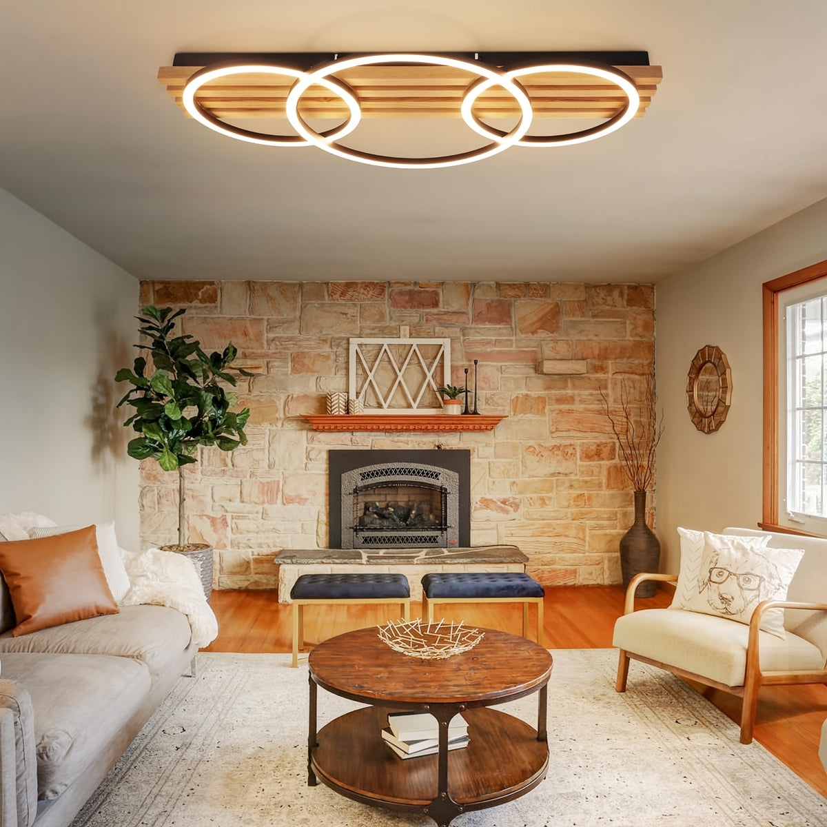 Plafonnier LED en bois à trois anneaux, 70 cm, avec télécommande